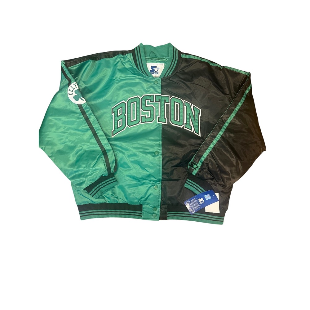 Starter Boston Celtics NBA Satin Varsity Jacket Green Black Split Mens XL NEW